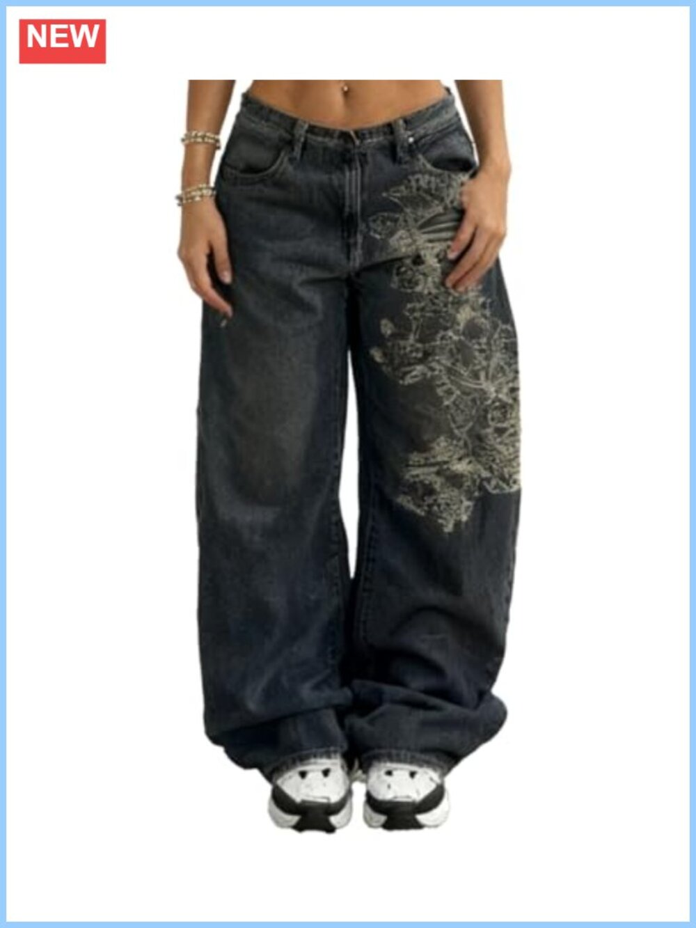 High Waist Wide Leg Baggy Jeans Y2K Gothic Skeleton Print Denim Pants